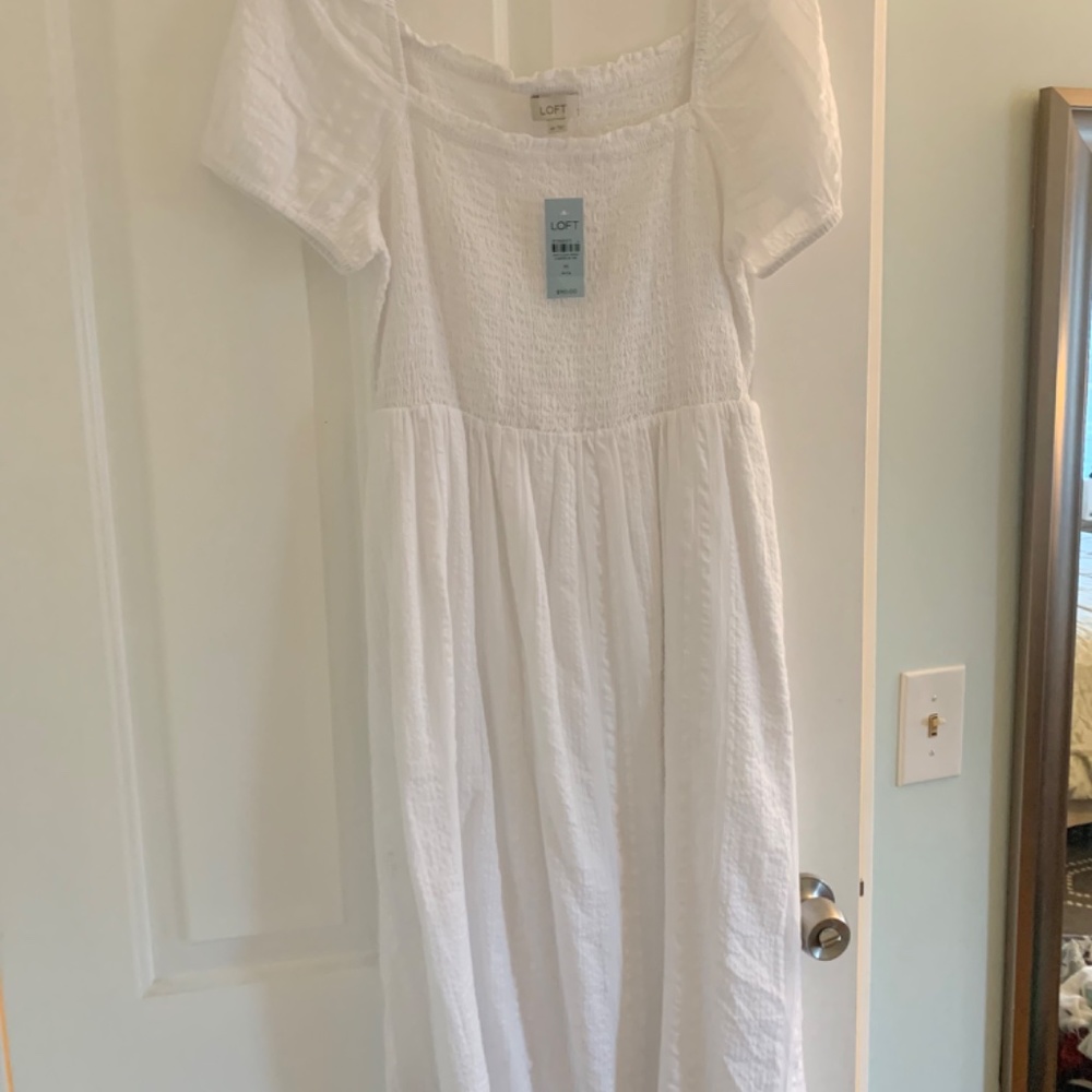 Loft White Puff Sleeve Dress with Pockets New with Tags - Picture 2 of 3